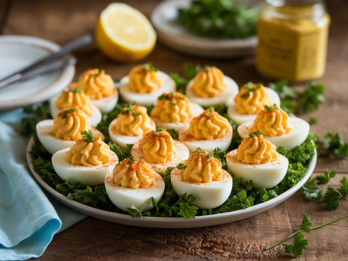 Classic Deviled Eggs Recipe A platter of classic deviled eggs garnished with paprika and herbs, perfect for serving at gatherings.